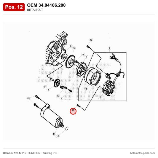 BETA BOLT – OEM 34.04106.200, position 12 on the Beta RR 125 MY16 ignition drawing