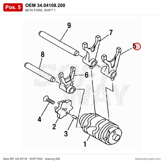 BETA FORK, SHIFT 1 – OEM 34.04108.200, position 5 on the Beta RR 125 MY16 shifting drawing