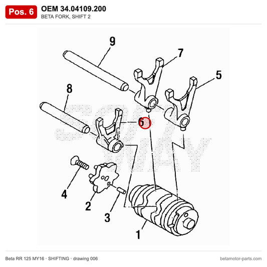 BETA FORK, SHIFT 2 – OEM 34.04109.200, position 6 on the Beta RR 125 MY16 shifting drawing