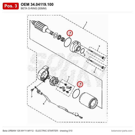 BETA O-RING (50MM) – OEM 34.04119.100, shown on the Beta URBAN 125 MY11-MY12 elettricstarter drawing