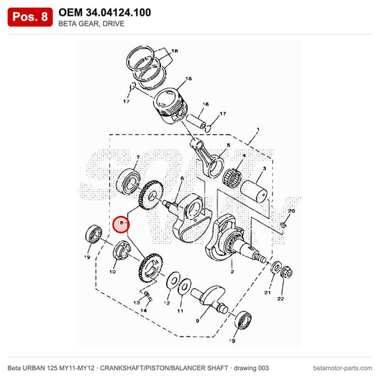 BETA GEAR, DRIVE – OEM 34.04124.100, position 8 on the Beta URBAN 125 MY11-MY12 crankshaft/piston/balancer shaft drawing