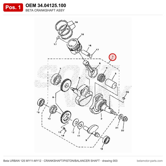 BETA CRANKSHAFT ASSY – OEM 34.04125.100, position 1 on the Beta URBAN 125 MY11-MY12 crankshaft/piston/balancer shaft drawing