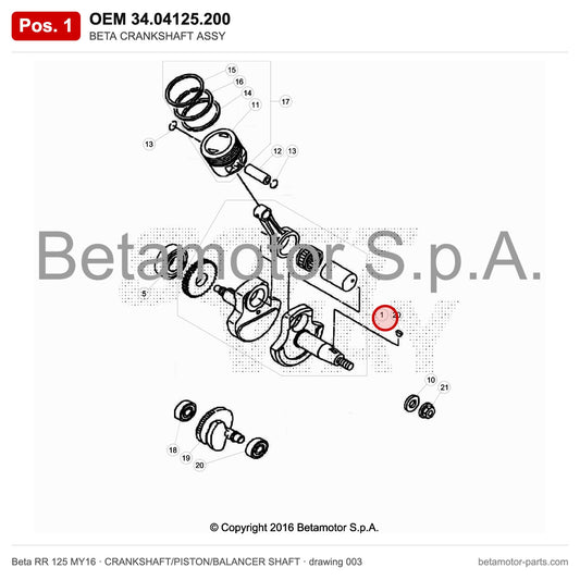 BETA CRANKSHAFT ASSY – OEM 34.04125.200, position 1 on the Beta RR 125 MY16 crankshaft/piston/balancer shaft drawing