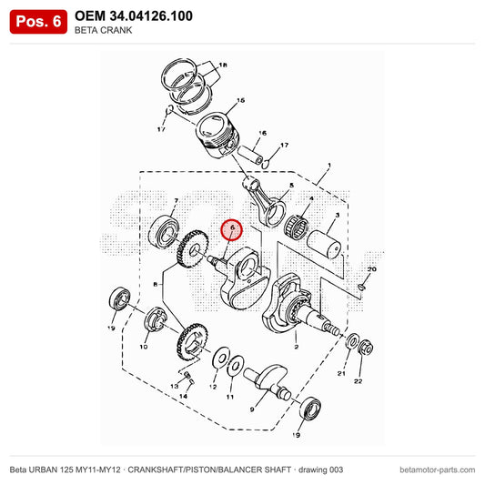 BETA CRANK – OEM 34.04126.100, position 6 on the Beta URBAN 125 MY11-MY12 crankshaft/piston/balancer shaft drawing
