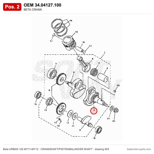 BETA CRANK – OEM 34.04127.100, position 2 on the Beta URBAN 125 MY11-MY12 crankshaft/piston/balancer shaft drawing