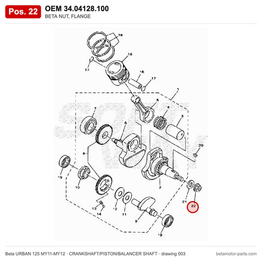 BETA NUT, FLANGE – OEM 34.04128.100, position 22 on the Beta URBAN 125 MY11-MY12 crankshaft/piston/balancer shaft drawing