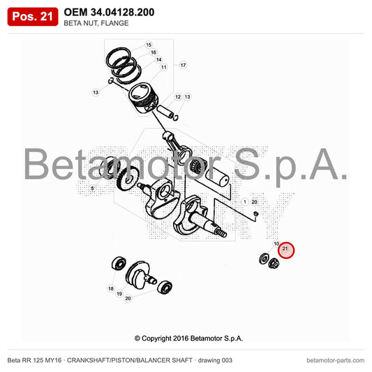 BETA NUT, FLANGE – OEM 34.04128.200, position 21 on the Beta RR 125 MY16 crankshaft/piston/balancer shaft drawing