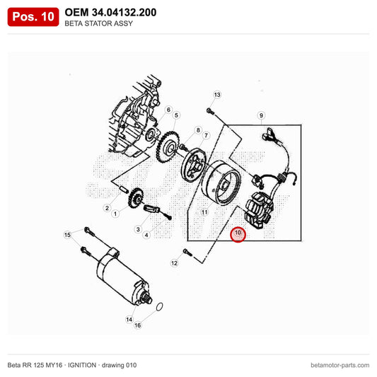 BETA STATOR ASSY – OEM 34.04132.200, position 10 on the Beta RR 125 MY16 ignition drawing
