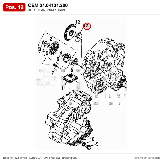 BETA GEAR, PUMP DRIVE – OEM 34.04134.200, position 12 on the Beta RR 125 MY16 lubrication system drawing