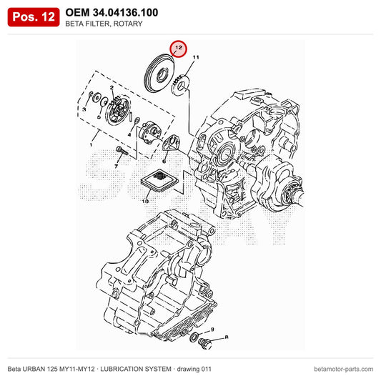 BETA FILTER, ROTARY – OEM 34.04136.100, position 12 on the Beta URBAN 125 MY11-MY12 lubrication system drawing
