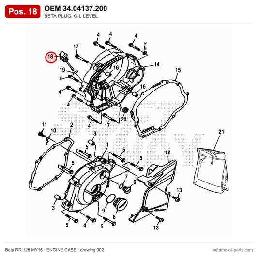 BETA PLUG, OIL LEVEL – OEM 34.04137.200, position 18 on the Beta RR 125 MY16 engine case drawing
