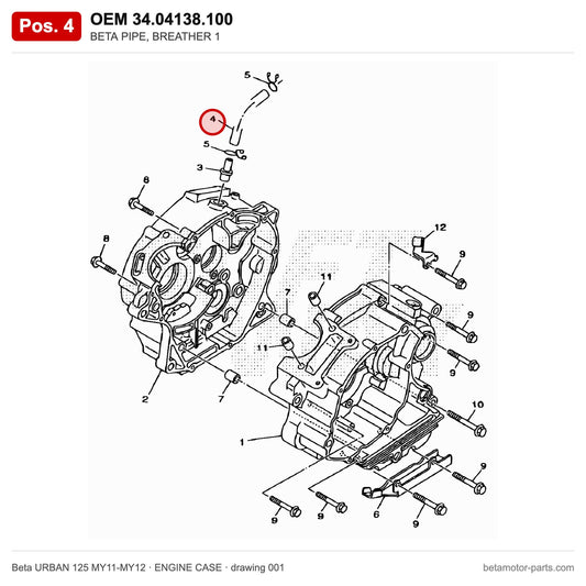 BETA PIPE, BREATHER 1 – OEM 34.04138.100, position 4 on the Beta URBAN 125 MY11-MY12 engine case drawing