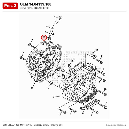 BETA PIPE, BREATHER 2 – OEM 34.04139.100, position 3 on the Beta URBAN 125 MY11-MY12 engine case drawing