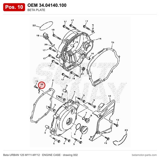 BETA PLATE – OEM 34.04140.100, position 10 on the Beta URBAN 125 MY11-MY12 engine case drawing