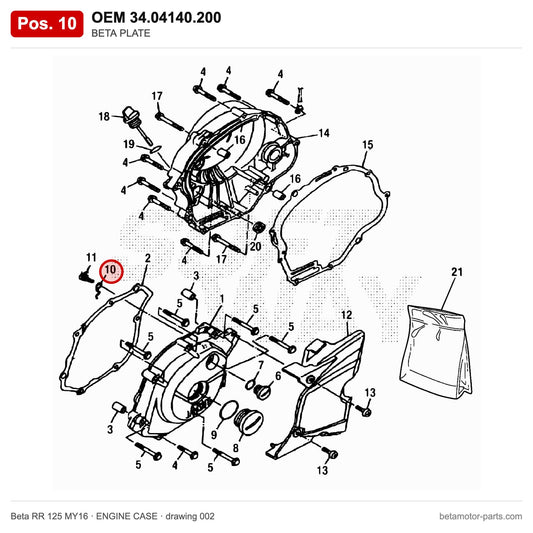 BETA PLATE – OEM 34.04140.200, position 10 on the Beta RR 125 MY16 engine case drawing