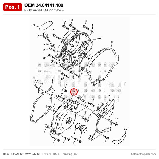 BETA COVER, CRANKCASE – OEM 34.04141.100, position 1 on the Beta URBAN 125 MY11-MY12 engine case drawing