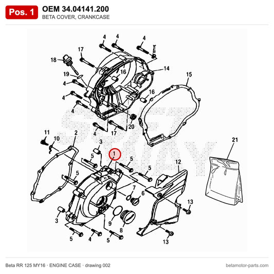 BETA COVER, CRANKCASE – OEM 34.04141.200, position 1 on the Beta RR 125 MY16 engine case drawing