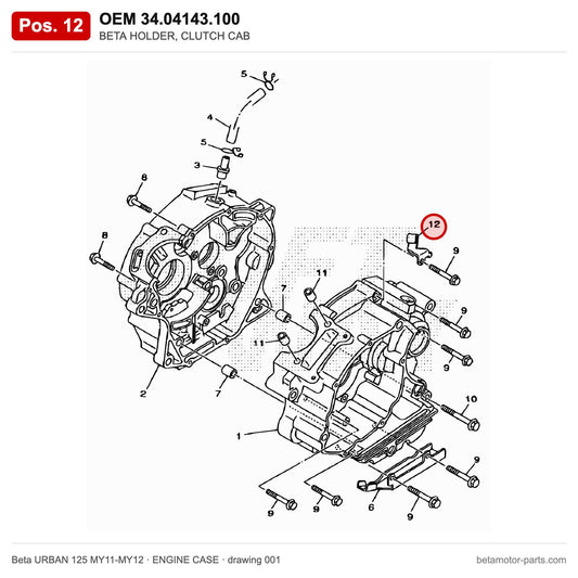 BETA HOLDER, CLUTCH CAB – OEM 34.04143.100, position 12 on the Beta URBAN 125 MY11-MY12 engine case drawing