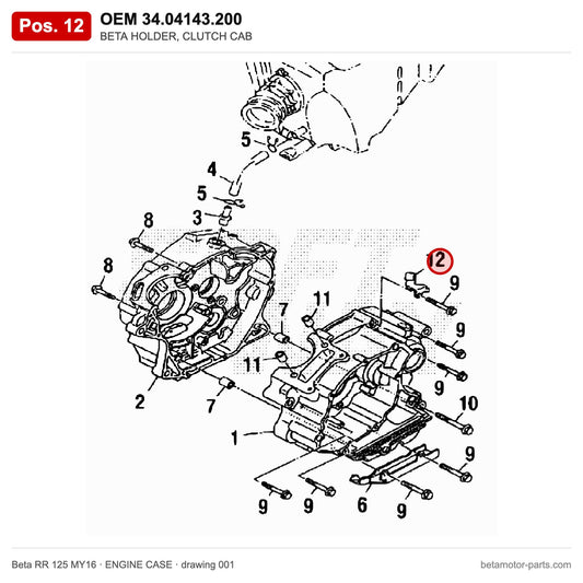 BETA HOLDER, CLUTCH CAB – OEM 34.04143.200, position 12 on the Beta RR 125 MY16 engine case drawing