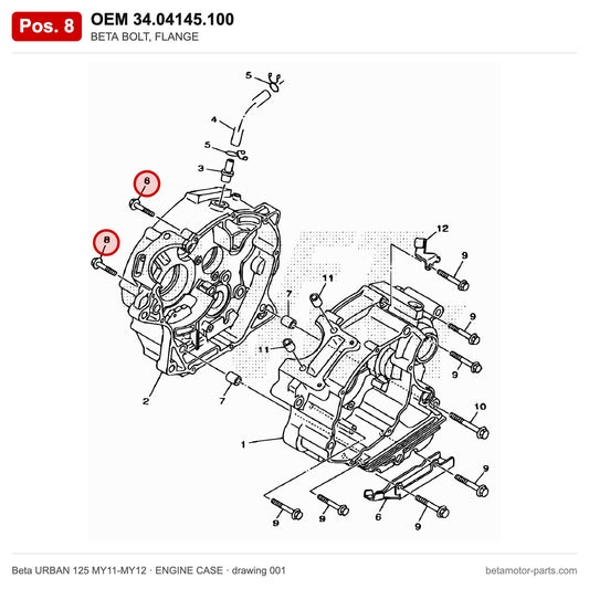 BETA BOLT, FLANGE – OEM 34.04145.100, position 8 on the Beta URBAN 125 MY11-MY12 engine case drawing