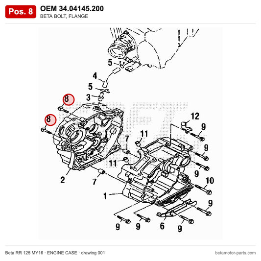 BETA BOLT, FLANGE – OEM 34.04145.200, position 8 on the Beta RR 125 MY16 engine case drawing
