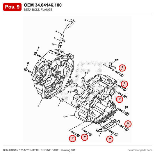 BETA BOLT, FLANGE – OEM 34.04146.100, position 9 on the Beta URBAN 125 MY11-MY12 engine case drawing