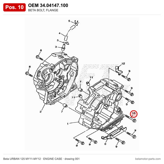 BETA BOLT, FLANGE – OEM 34.04147.100, position 10 on the Beta URBAN 125 MY11-MY12 engine case drawing