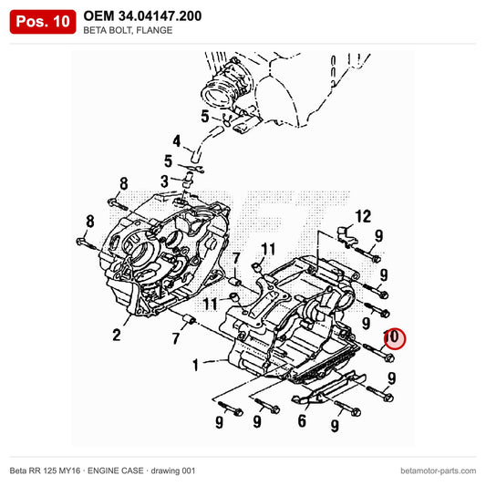 BETA BOLT, FLANGE – OEM 34.04147.200, position 10 on the Beta RR 125 MY16 engine case drawing
