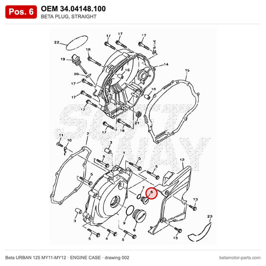 BETA PLUG, STRAIGHT – OEM 34.04148.100, position 6 on the Beta URBAN 125 MY11-MY12 engine case drawing