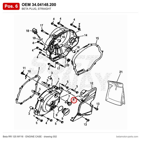 BETA PLUG, STRAIGHT – OEM 34.04148.200, position 6 on the Beta RR 125 MY16 engine case drawing