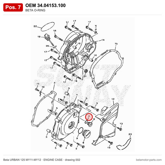 BETA O-RING – OEM 34.04153.100, position 7 on the Beta URBAN 125 MY11-MY12 engine case drawing