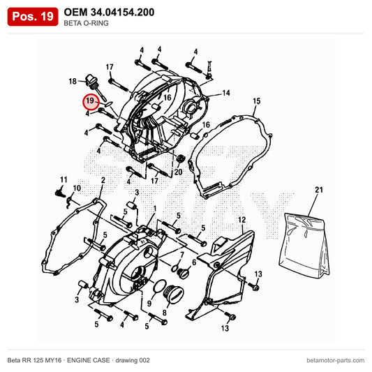 BETA O-RING – OEM 34.04154.200, position 19 on the Beta RR 125 MY16 engine case drawing