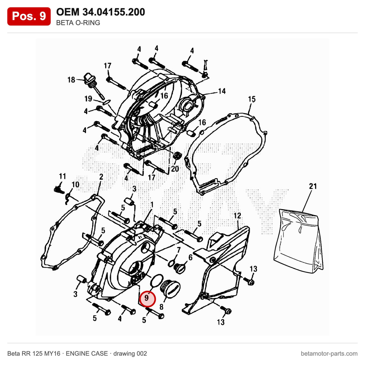 BETA O-RING – OEM 34.04155.200, position 9 on the Beta RR 125 MY16 engine case drawing