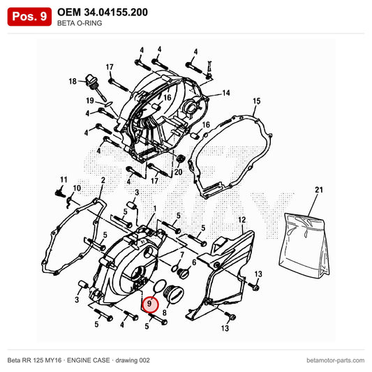 BETA O-RING – OEM 34.04155.200, position 9 on the Beta RR 125 MY16 engine case drawing