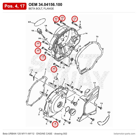 BETA BOLT, FLANGE – OEM 34.04156.100, positions 4,17 on the Beta URBAN 125 MY11-MY12 engine case drawing