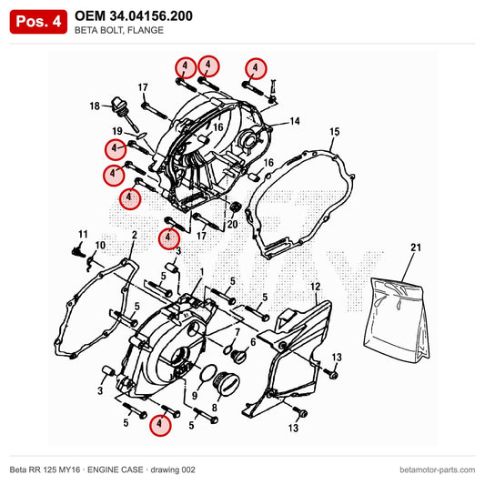 BETA BOLT, FLANGE – OEM 34.04156.200, position 4 on the Beta RR 125 MY16 engine case drawing