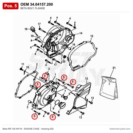 BETA BOLT, FLANGE – OEM 34.04157.200, position 5 on the Beta RR 125 MY16 engine case drawing