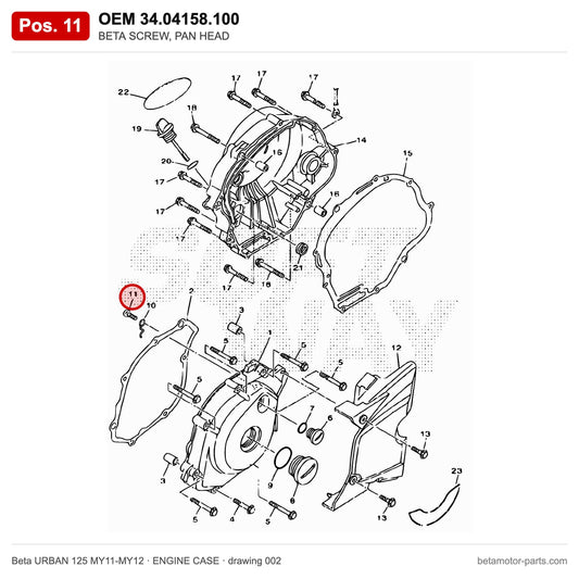 BETA SCREW, PAN HEAD – OEM 34.04158.100, position 11 on the Beta URBAN 125 MY11-MY12 engine case drawing