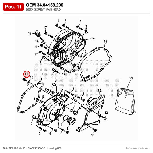 BETA SCREW, PAN HEAD – OEM 34.04158.200, position 11 on the Beta RR 125 MY16 engine case drawing