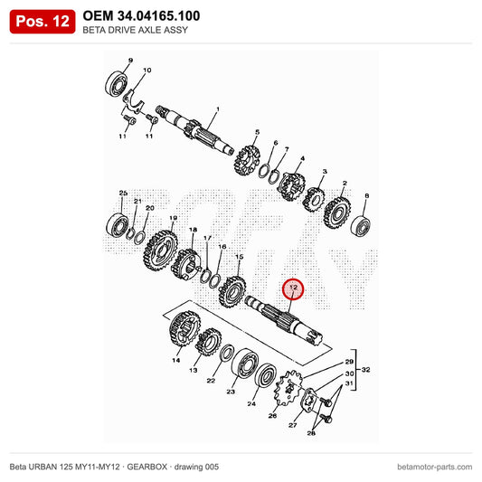 BETA DRIVE AXLE ASSY – OEM 34.04165.100, position 12 on the Beta URBAN 125 MY11-MY12 gearbox drawing