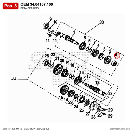 BETA BEARING – OEM 34.04167.100, position 8 on the Beta RR 125 MY16 gearbox drawing