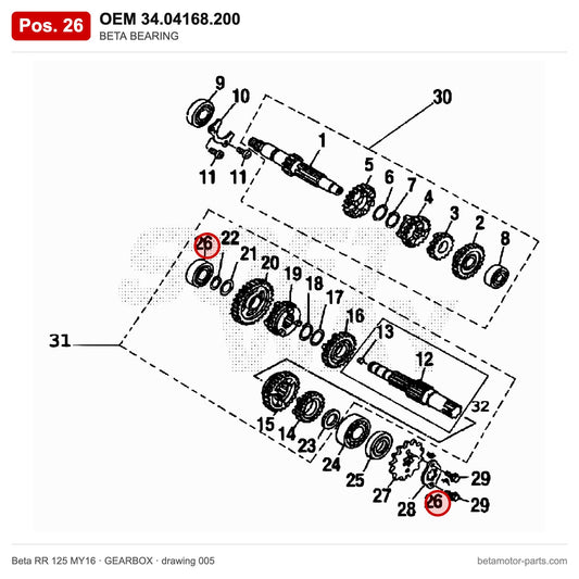 BETA BEARING – OEM 34.04168.200, position 26 on the Beta RR 125 MY16 gearbox drawing