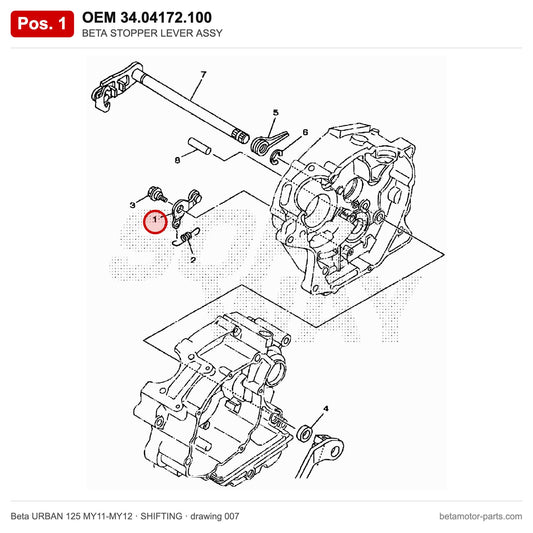BETA STOPPER LEVER ASSY – OEM 34.04172.100, position 1 on the Beta URBAN 125 MY11-MY12 shifting drawing