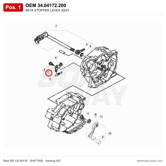 BETA STOPPER LEVER ASSY – OEM 34.04172.200, position 1 on the Beta RR 125 MY16 shifting drawing
