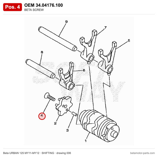 BETA SCREW – OEM 34.04176.100, position 4 on the Beta URBAN 125 MY11-MY12 shifting drawing
