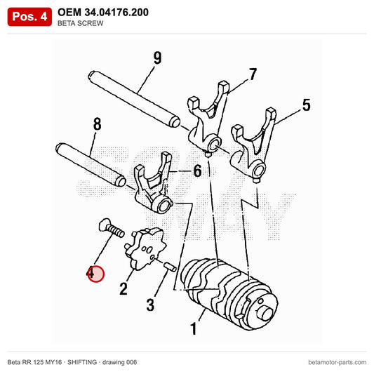 BETA SCREW – OEM 34.04176.200, position 4 on the Beta RR 125 MY16 shifting drawing