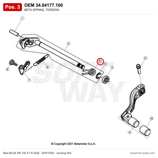 BETA SPRING, TORSION – OEM 34.04177.100, position 3 on the Beta BLUE RR 125 4T R 2026 shifting drawing