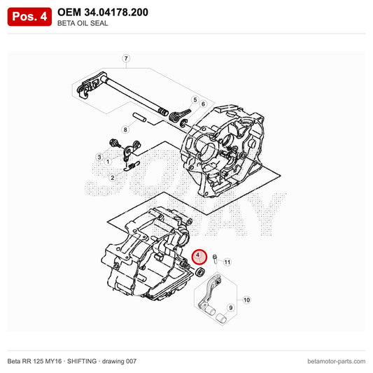 BETA OIL SEAL – OEM 34.04178.200, position 4 on the Beta RR 125 MY16 shifting drawing