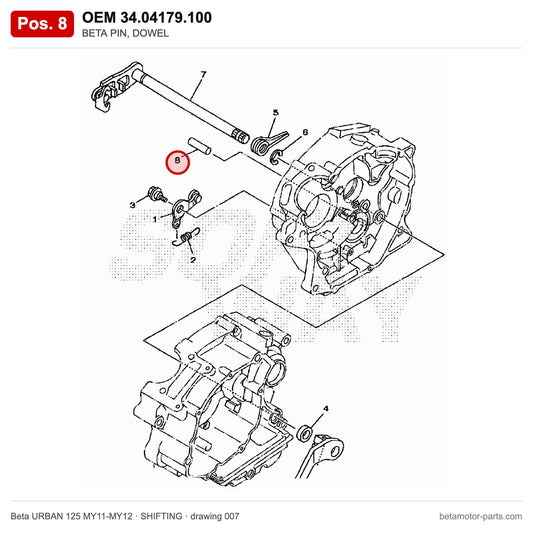 BETA PIN, DOWEL – OEM 34.04179.100, position 8 on the Beta URBAN 125 MY11-MY12 shifting drawing