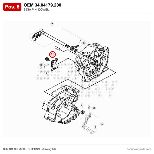 BETA PIN, DOWEL – OEM 34.04179.200, position 8 on the Beta RR 125 MY16 shifting drawing
